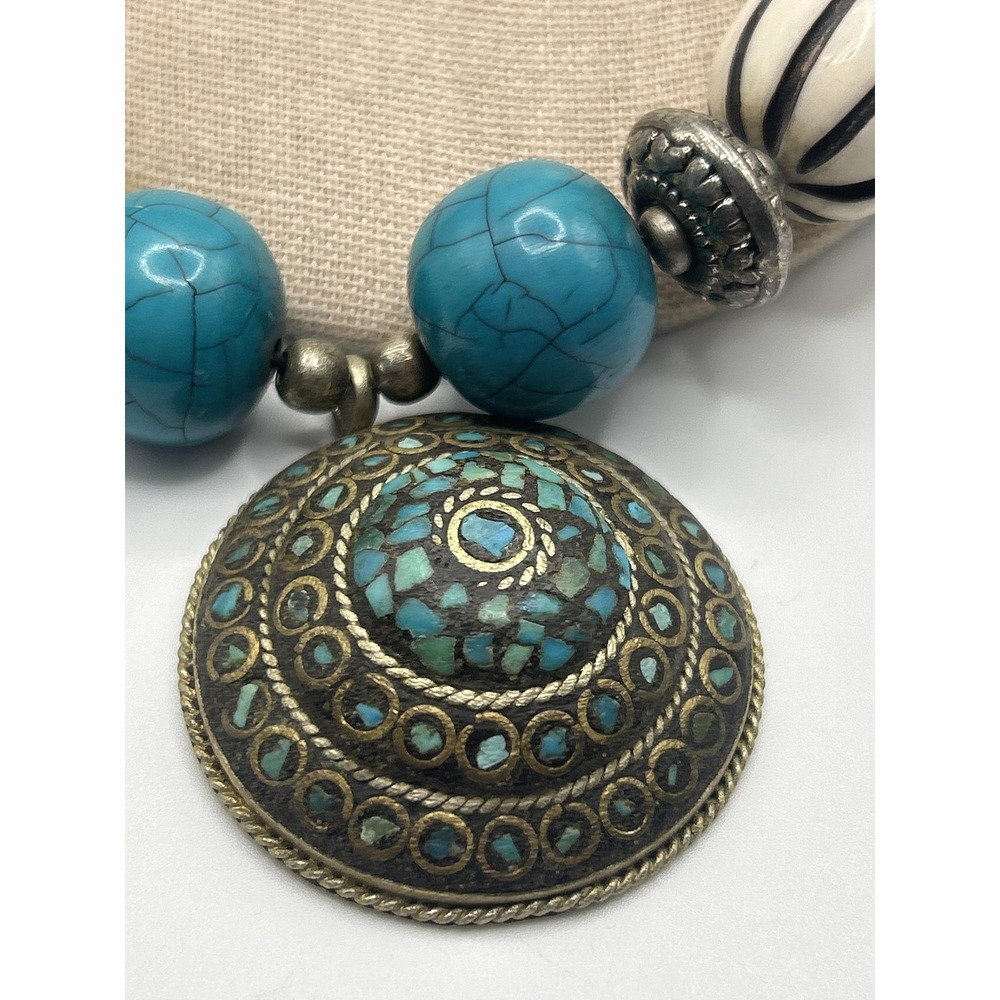 Boho Brass Statement Pendant Necklace Womens Beaded Multicolor - Picture 5 of 5